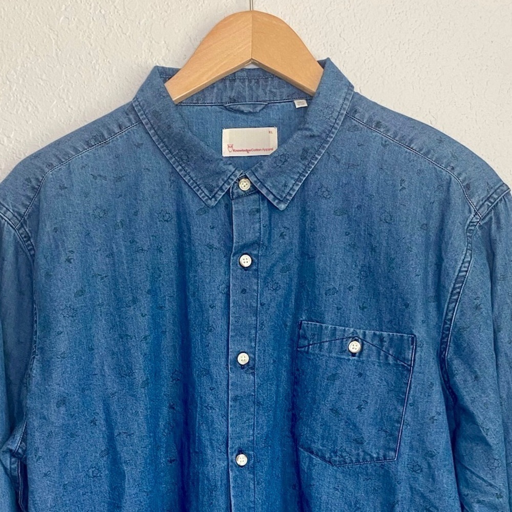 Knowledge Cotton Apparel Organic Chambray Denim Rocket Popcorn Print Shirt Sz XL